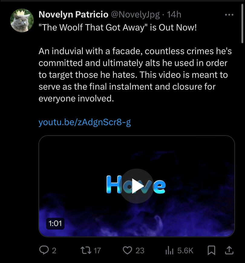 Image of Novely's video on Twitter, linking to YouTube.