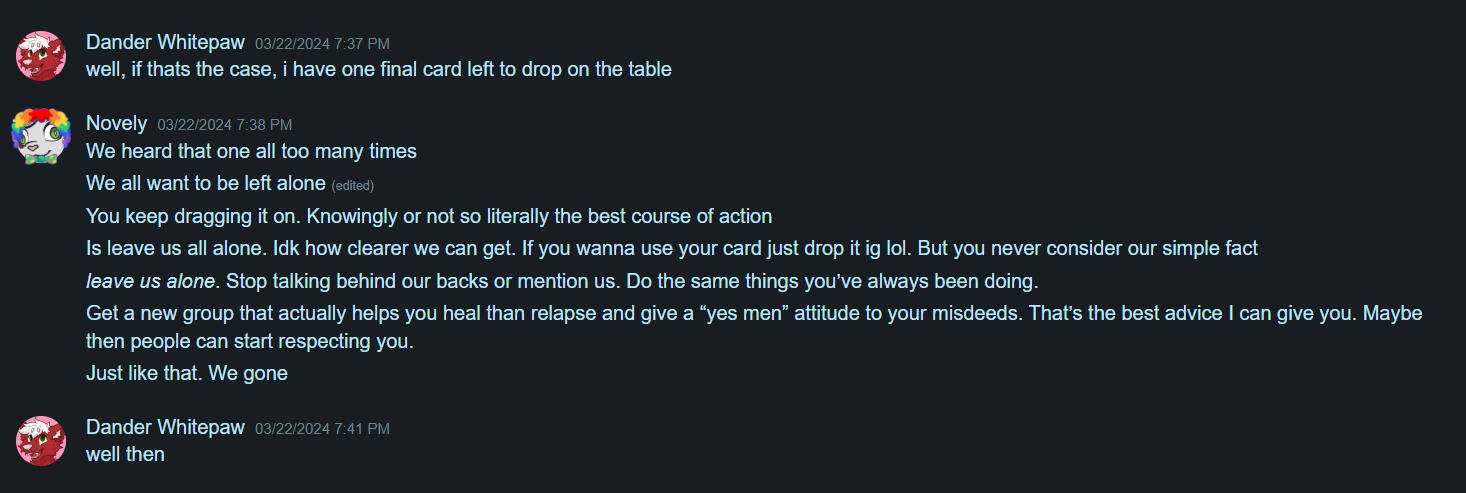 Dander's "One final card". (Threatening to copyright strike)