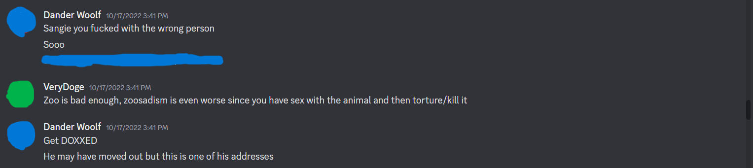 Dander working on doxxing someone. (While being a zoophile himself)